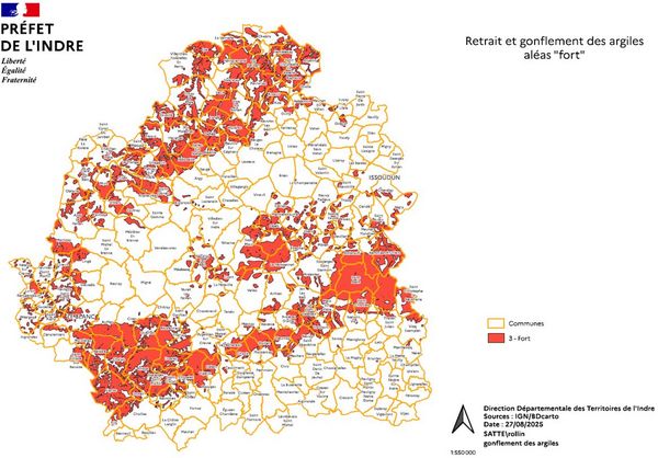 Carte des retraits gonflements et argiles dans le département de l'Indre