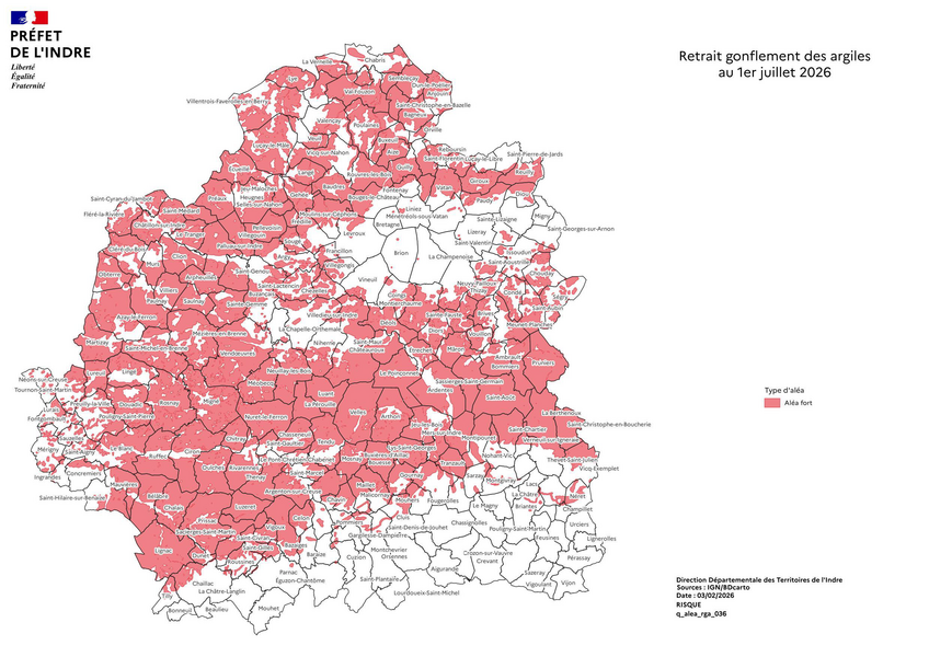 Carte des retraits gonflements et argiles dans le département de l'Indre