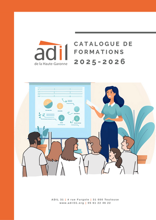 Page de garde du catalogue de formation représentant le dessin d'une femme pointant un tableau contenant des informations devant un groupe de personne.